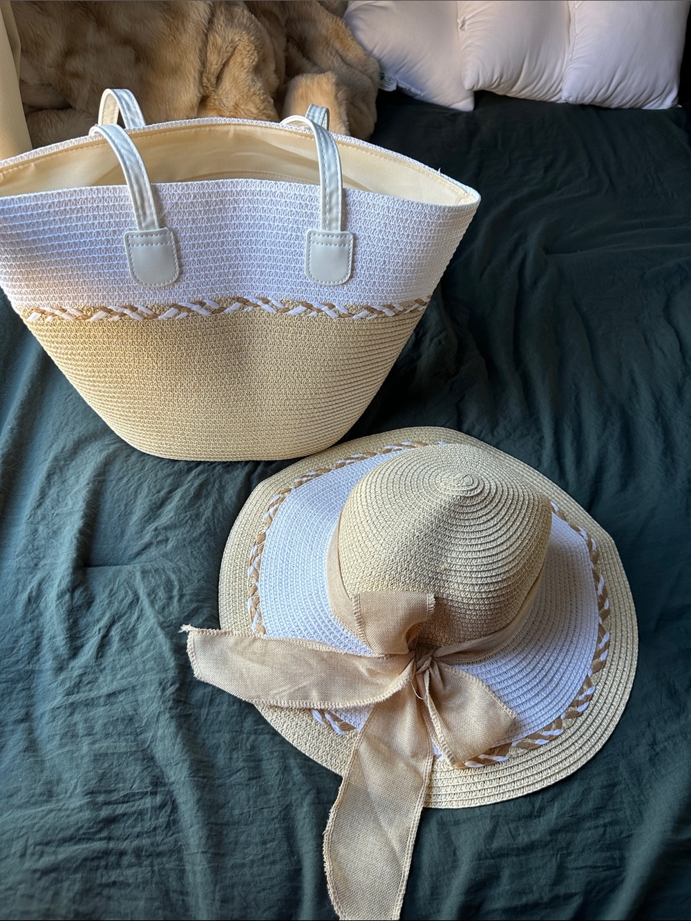 Straw Beach Hat & Tote Set - Cream and Beige